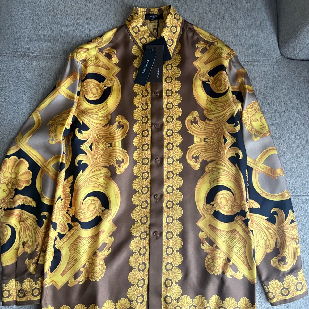 Versace Men's Gold brown tan greca baroque silk shirt size 44 NWT Medusa